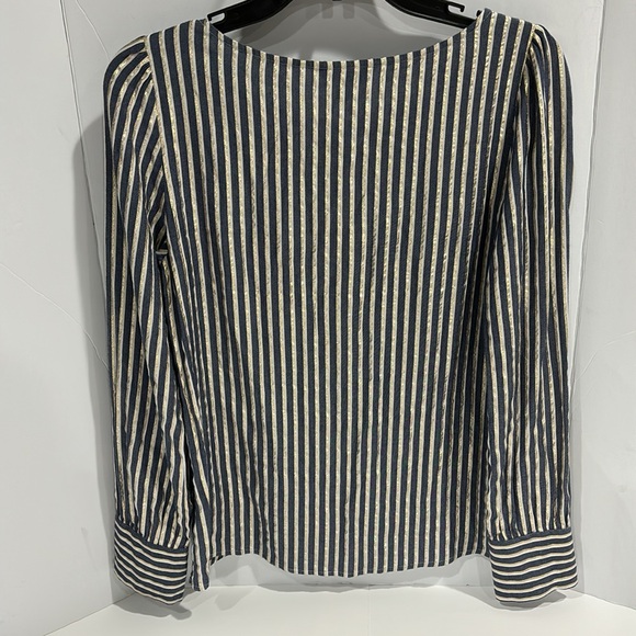 Express Scoop Neck Navy White Gold Metallic Stripe Long Sleeve Button Cuff Shirt - Picture 2 of 8